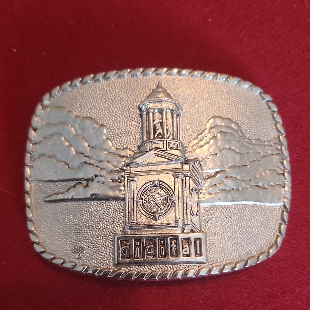 Silver tone Belt Buckle with Clocktower DEC 1981